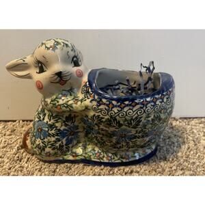 Polish Pottery Bunny Jar Planter Easter 7” UNIKAT Kalich Poland Decor Floral